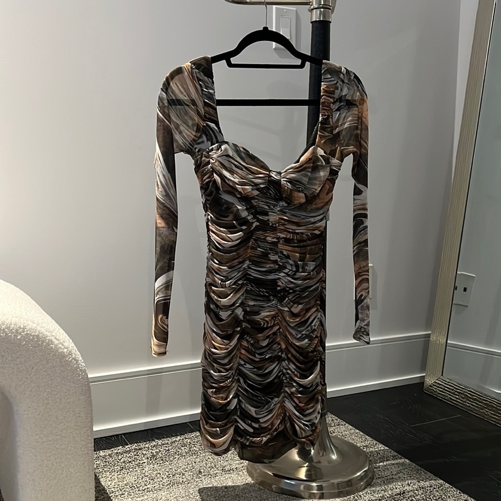 Ruched Green Pattern Mini Dress